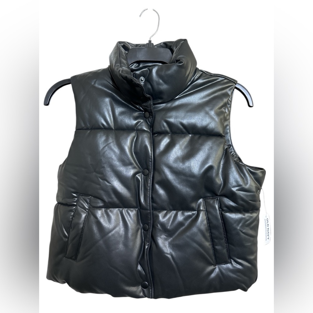 Old Navy Vegan Leather XS Petite Puffer Vest Black Snap Up